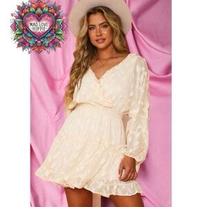 Peach Love California Southern Belle Cream V Neck Smocked Waist Mini Dress